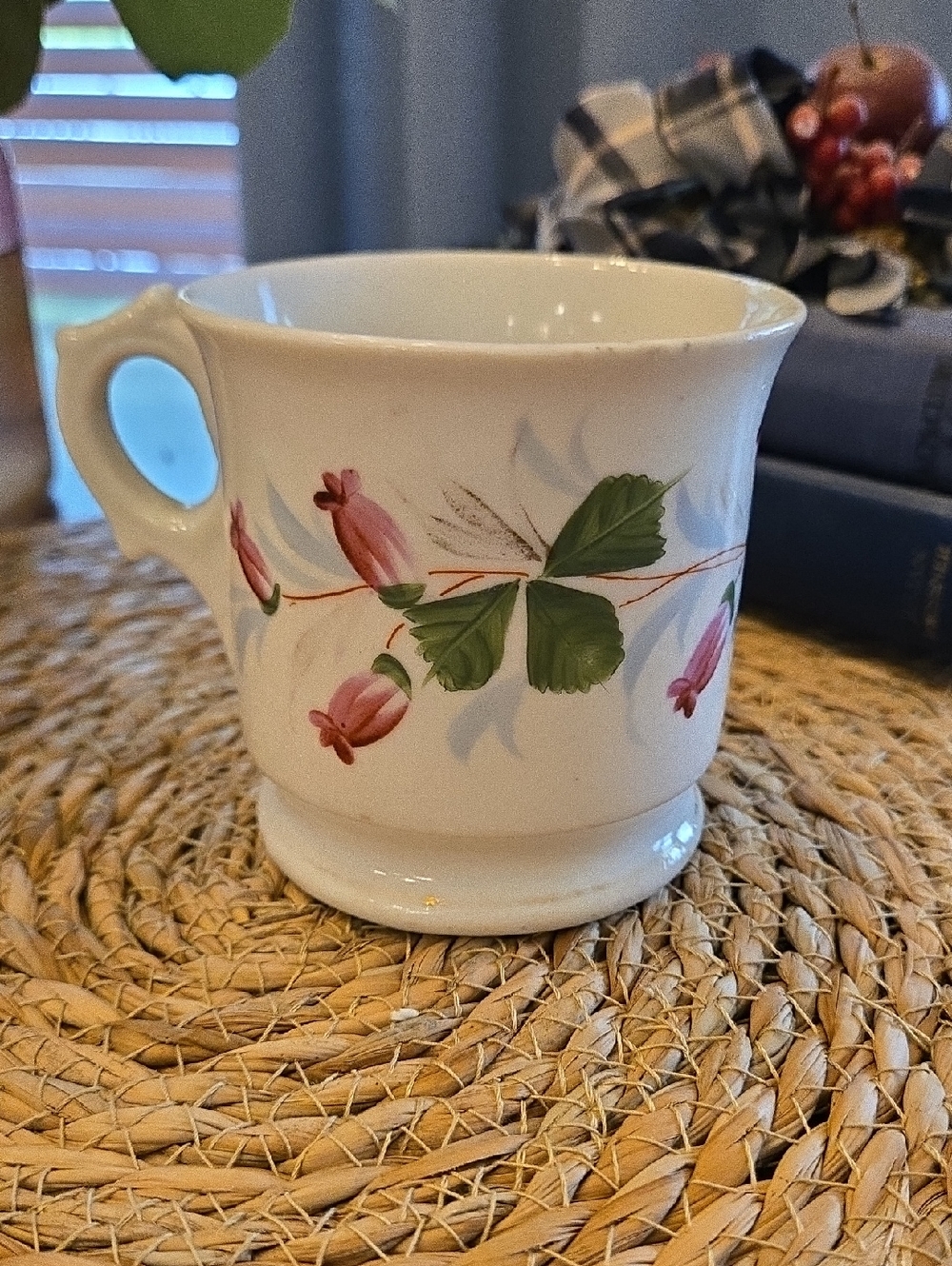Vintage White Floral Ceramic Shaving Mug with Pink Flower Accent